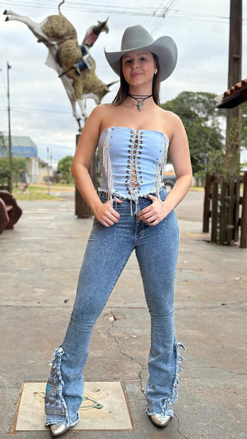 Light Blue Off-the-shoulder Corset and High-waisted Flared Blue Jeans Set