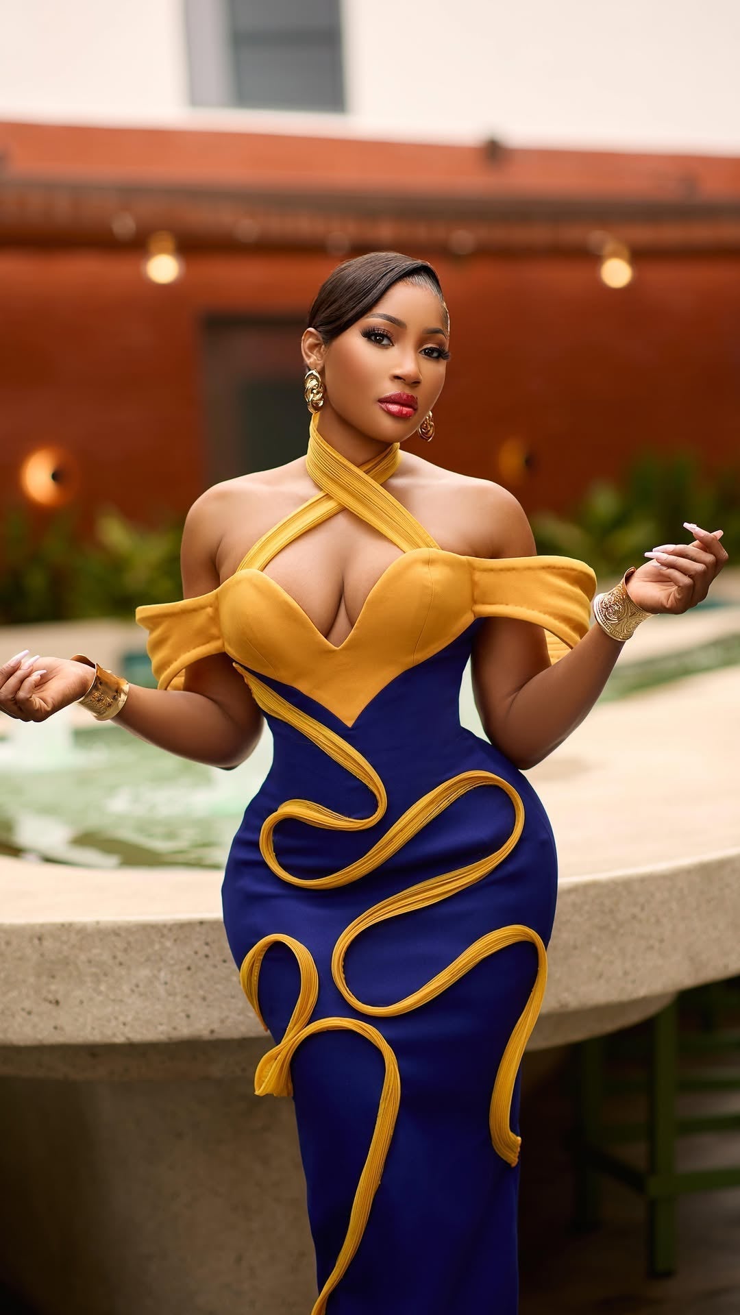 Blue and Yellow Halter Neck Maxi Dress