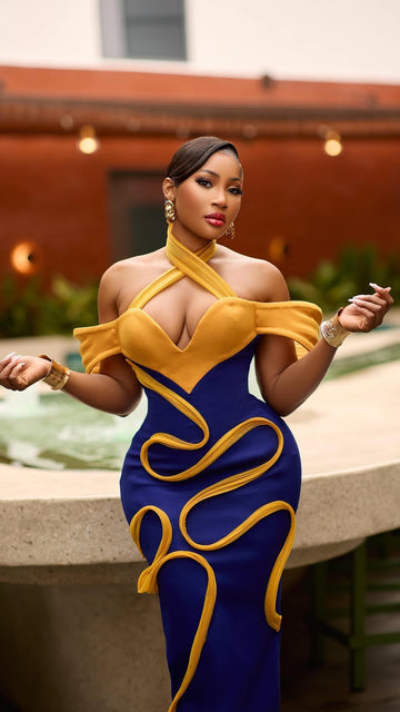 Blue and Yellow Halter Neck Maxi Dress