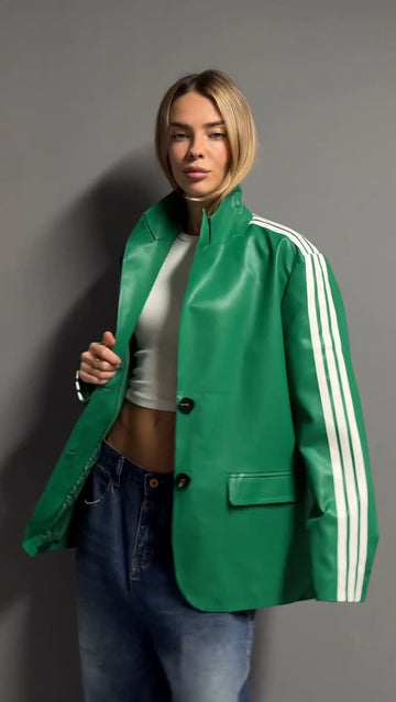 Green Faux Leather Jacket with White Striped Sleeves
