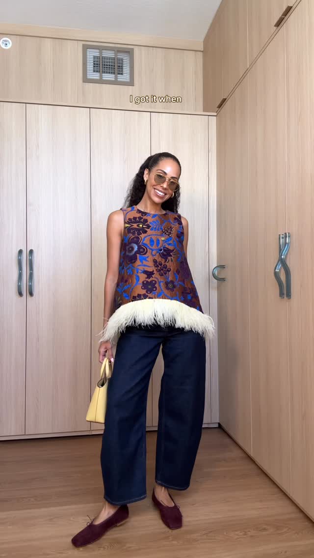 Brown Blue - Floral Embroidered Feather - Trimmed Top