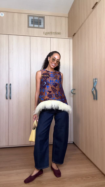 Brown Blue - Floral Embroidered Feather - Trimmed Top