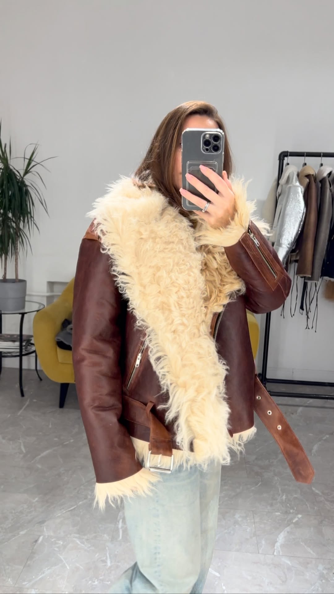 Brown Shearling - Collared Leather Jacket