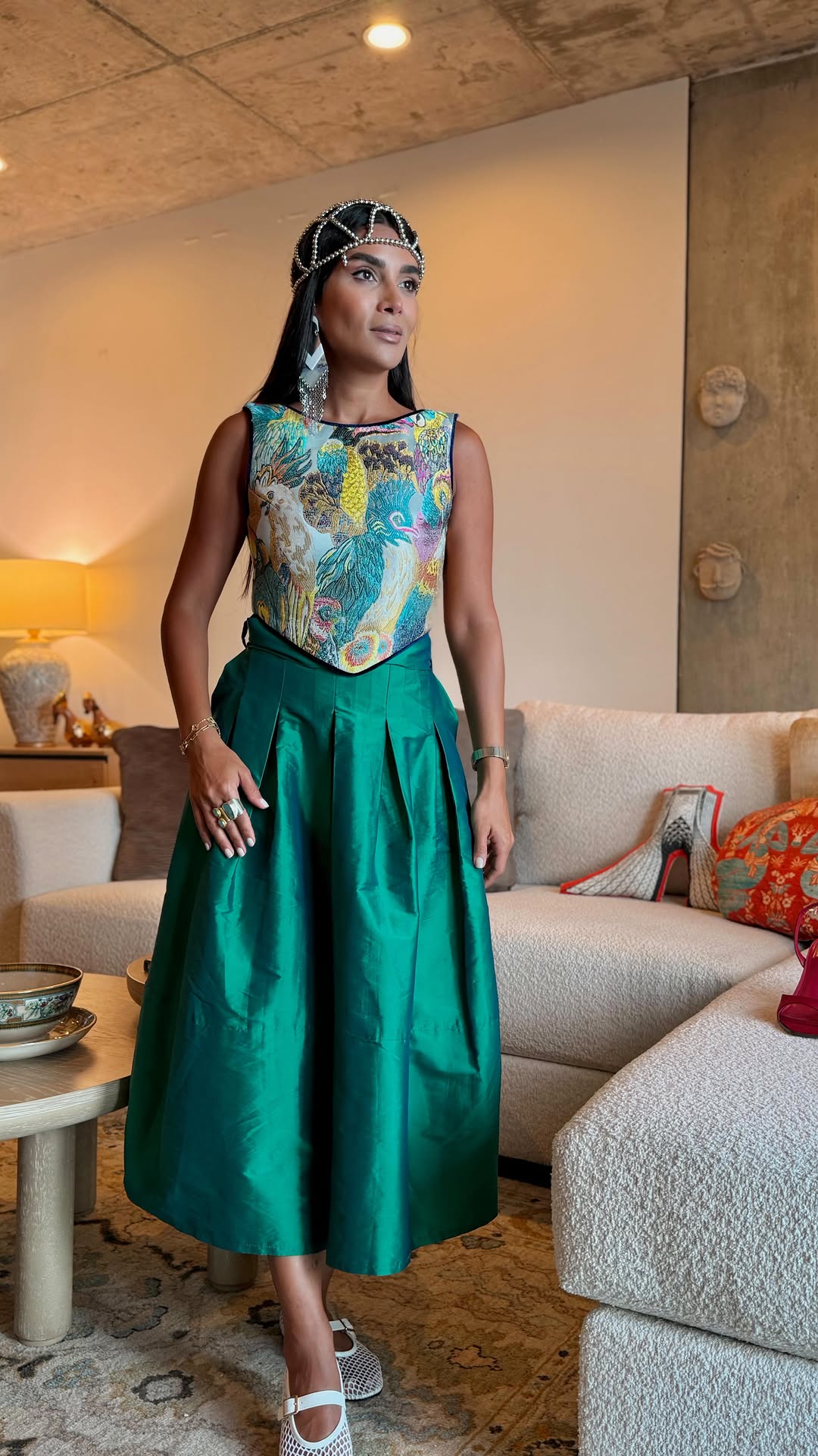 Printed Top & Emerald Green Pleated Skirt Set