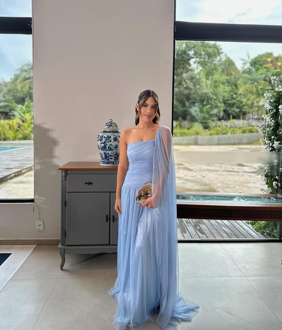 Light Blue One - Shoulder Chiffon Gown
