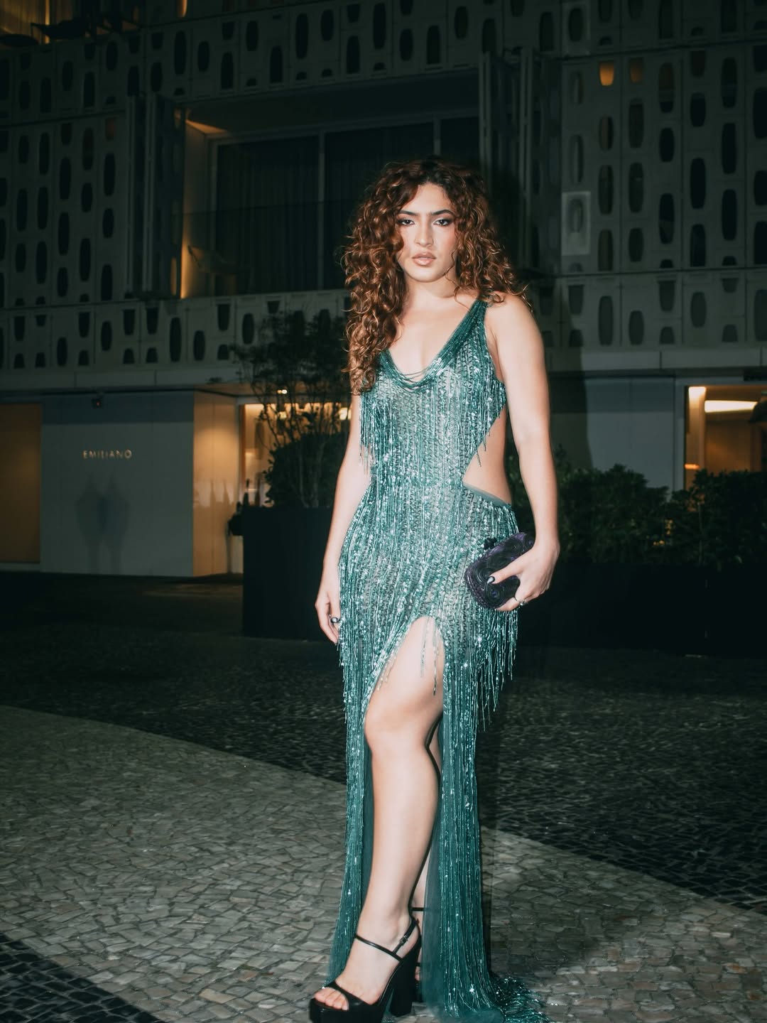 Teal Fringe Cutout Gown