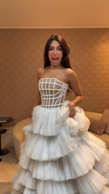 White off-the-shoulder tulle plaid dress