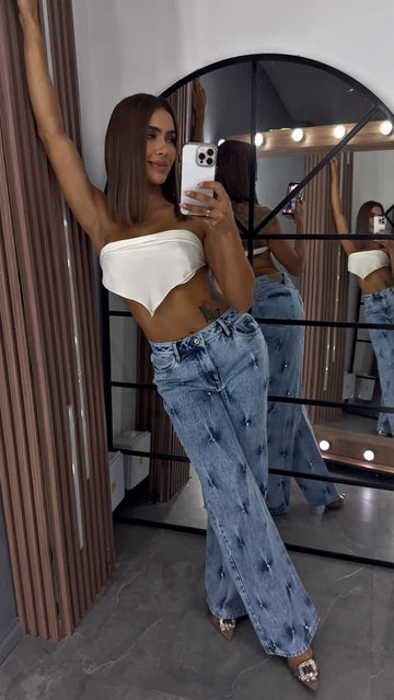 Embellished high-rise wide-leg jeans