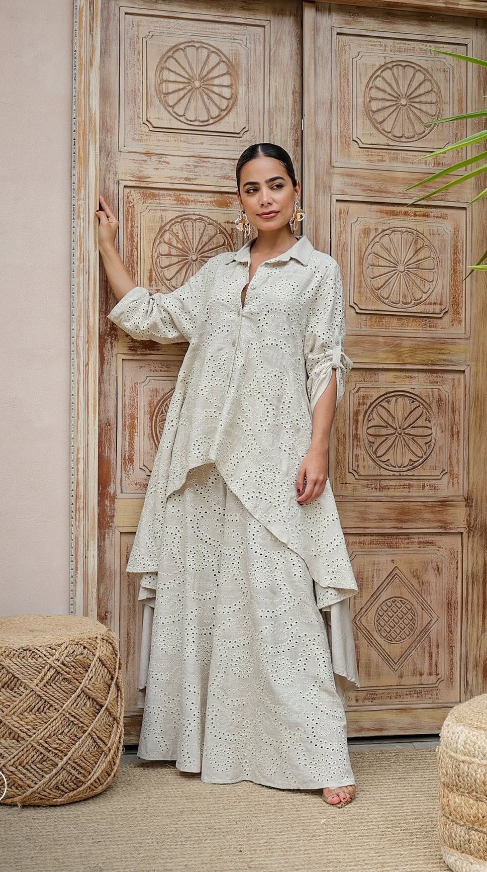 Beige Eyelet Embroidered Shirt - Skirt Co - ord Set