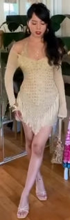 Beige Crochet Fringe Mini Dress