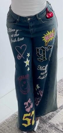 Graphic Print Wide - Leg Jeans