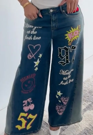 Graphic Print Wide - Leg Jeans