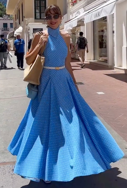 Blue Polka Dot Halter Neck Maxi Dress