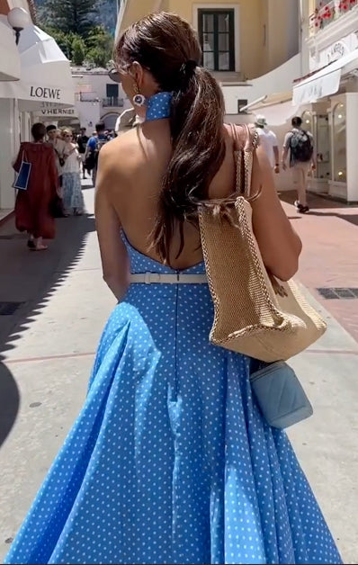 Blue Polka Dot Halter Neck Maxi Dress