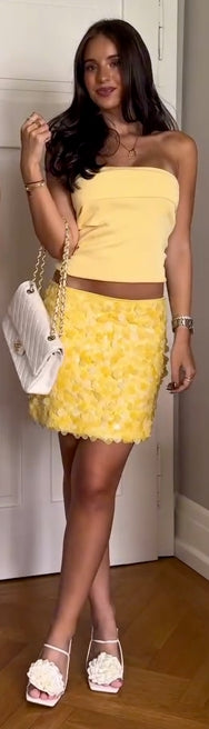 Yellow Tube Top & Floral Textured Skirt Set