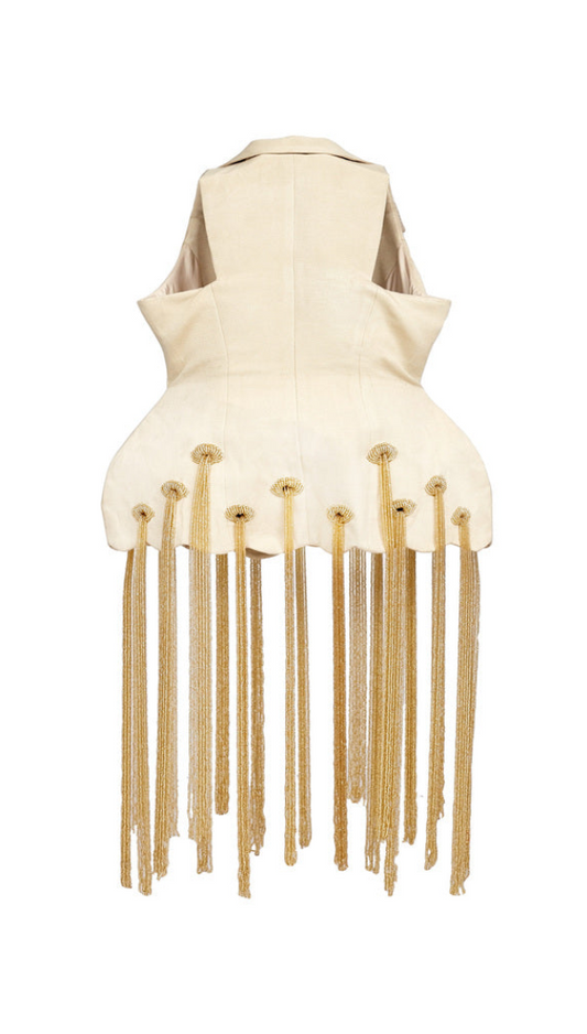 Beige Fringed Vest & Midi Skirt Set