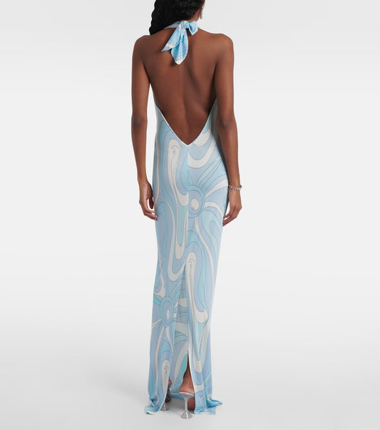 Light Blue Printed Halter Cowl Neck Maxi Dress