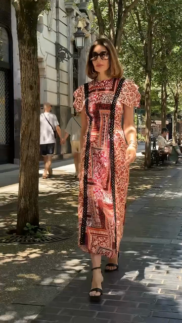 Red and Pink Puff Sleeve Graphic Midi Dress