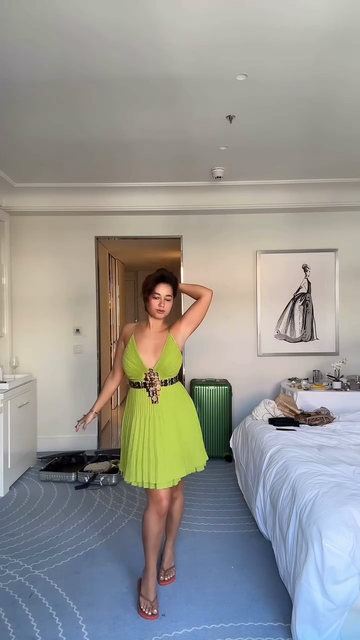 Belted Pleated V Neck Mini Dress