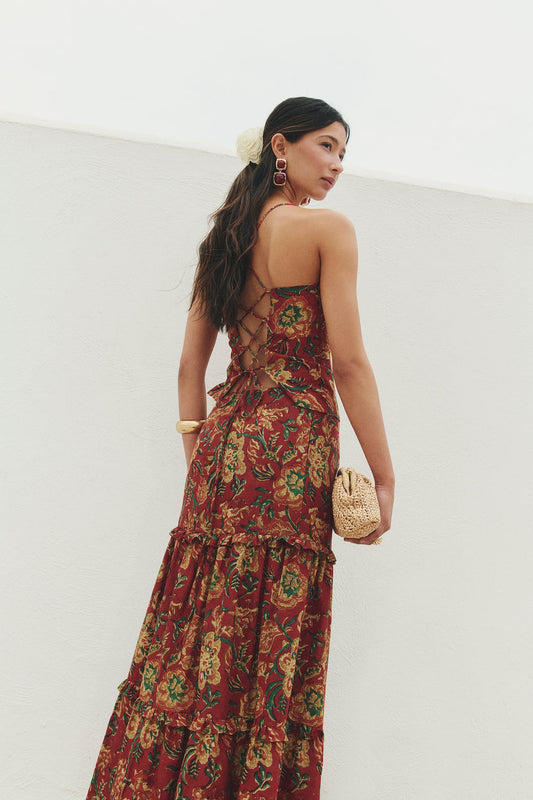 Red Floral - Print Halter Maxi Dress