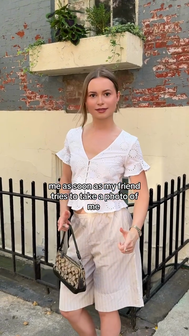 White Eyelet V - neck Top and Striped Shorts Set