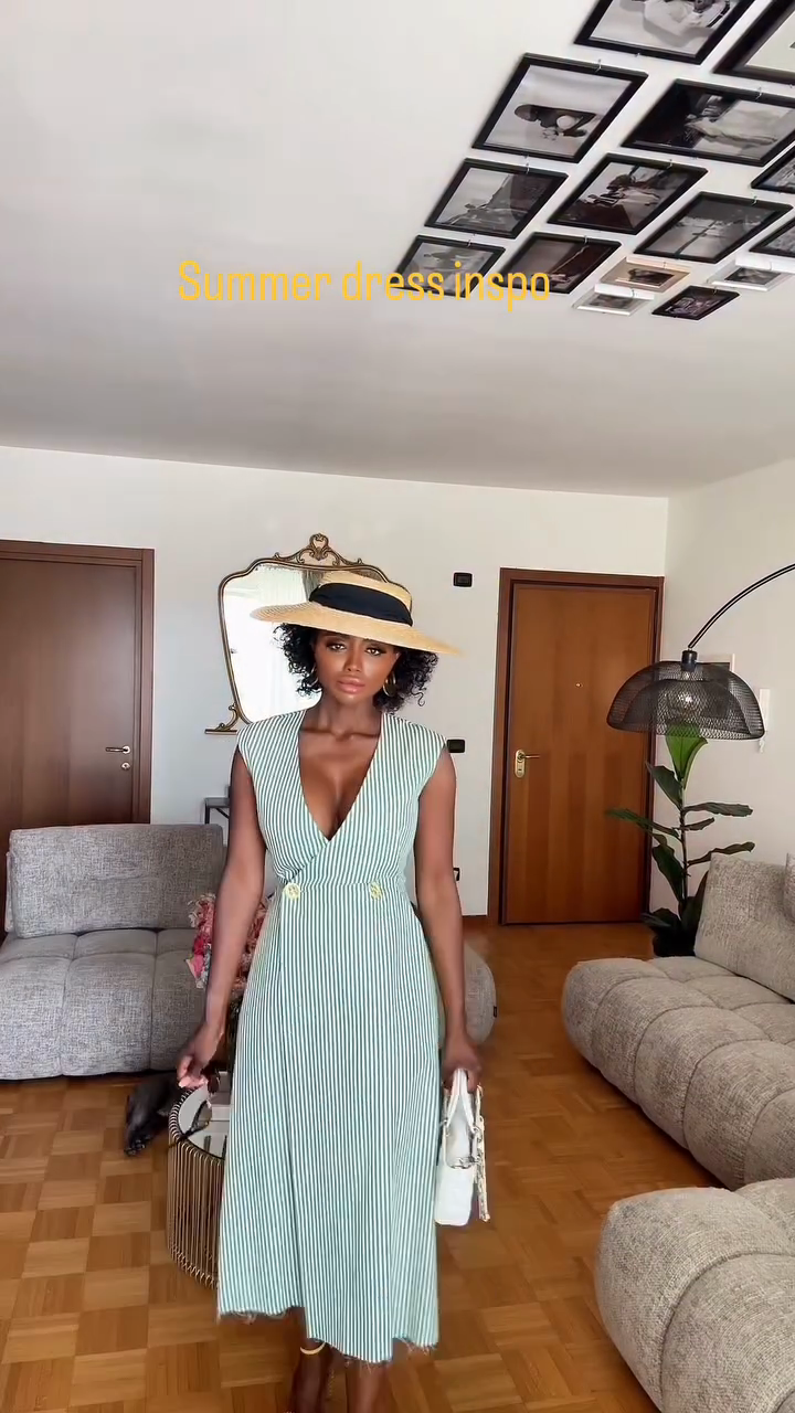 Green - White Striped V - Neck Midi Dress