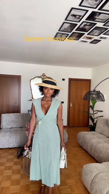 Green - White Striped V - Neck Midi Dress