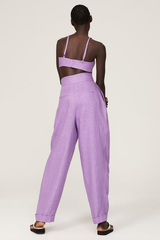 Lavender Linen Crop Top and High - Waist Wide - Leg Pants Set