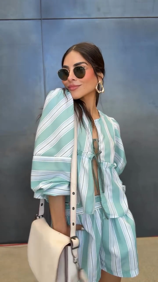 Striped Long - Sleeve Crop Top and Shorts Set