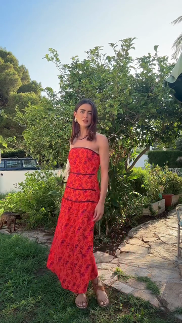 Red Floral - Printed Strapless Midi Dress