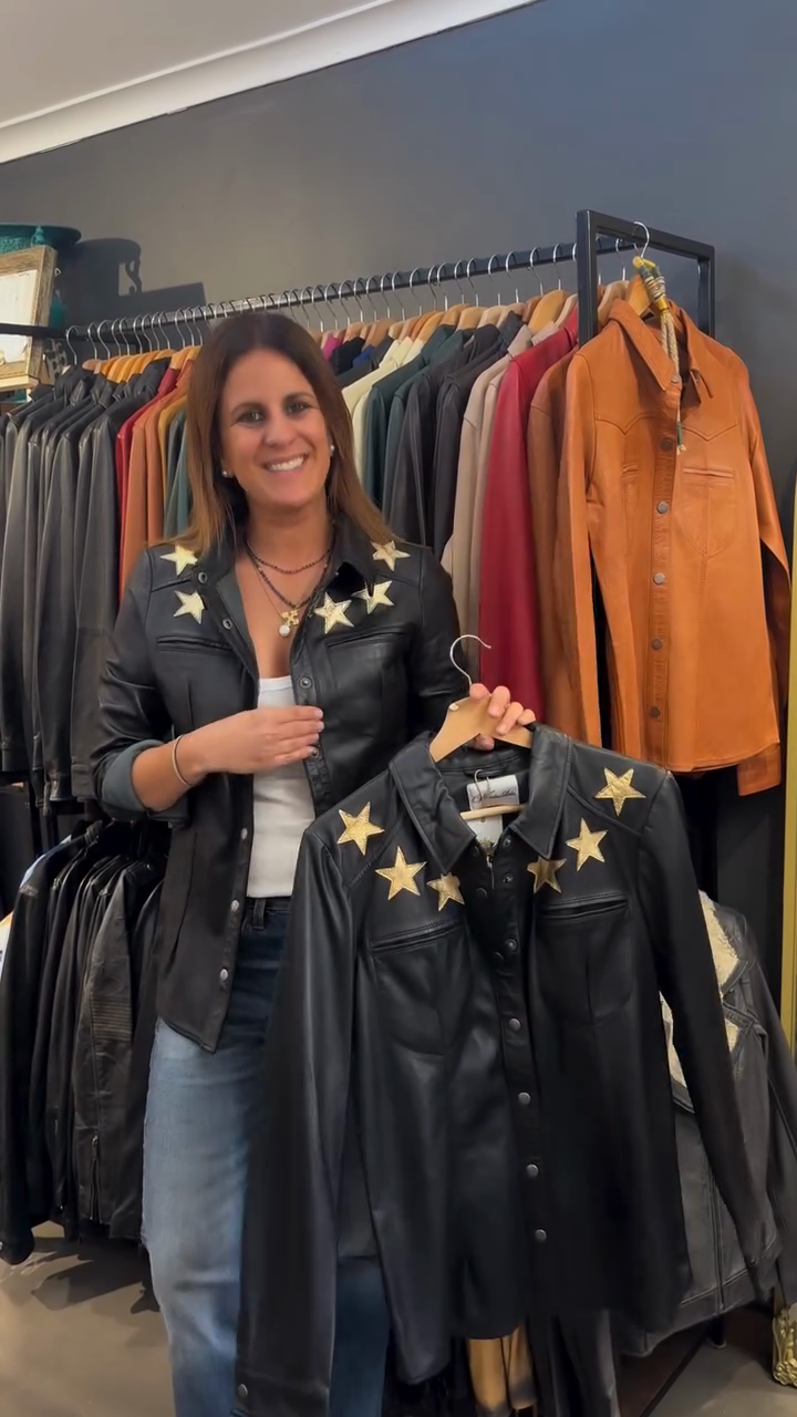Black Leather Jacket with Star Embellishments