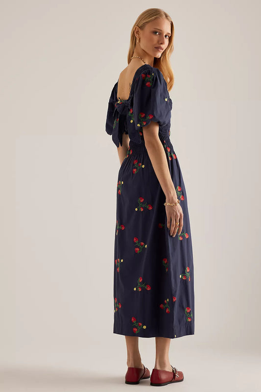 Navy Strawberry - Embroidered Puff Sleeve Midi Dress