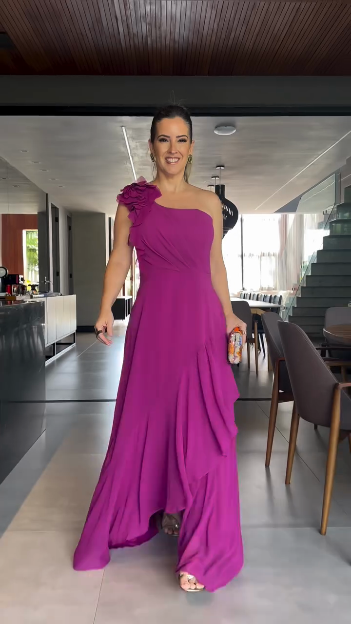 One - Shoulder Ruffled Fuchsia Maxi Dress