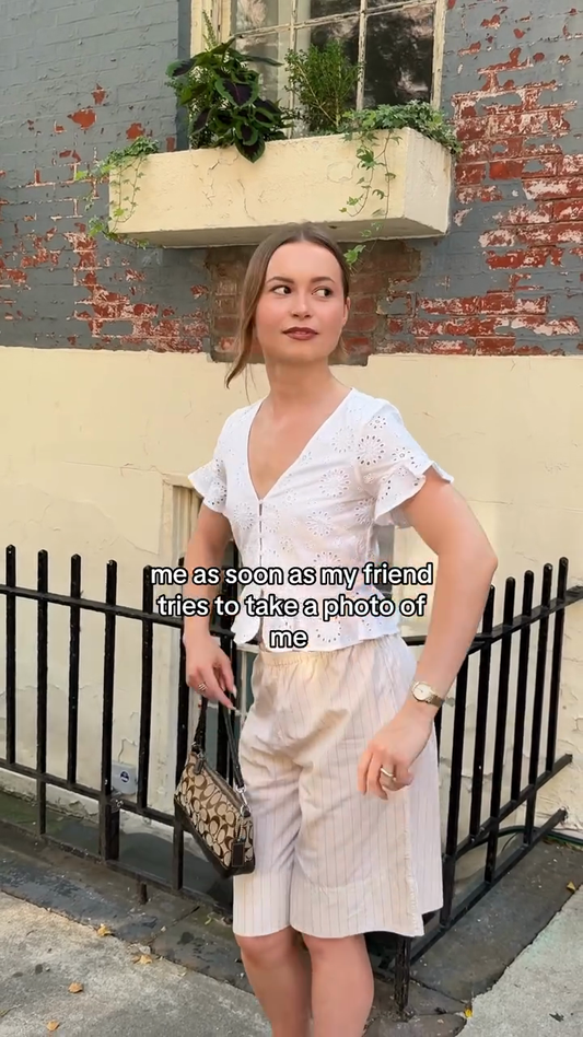 White Eyelet V - neck Top and Striped Shorts Set