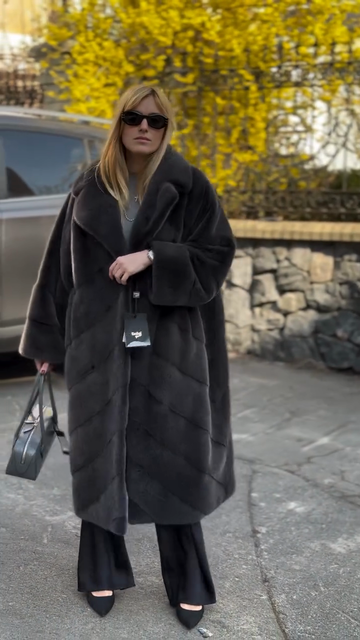 Black Herringbone - Patterned Fur Coat