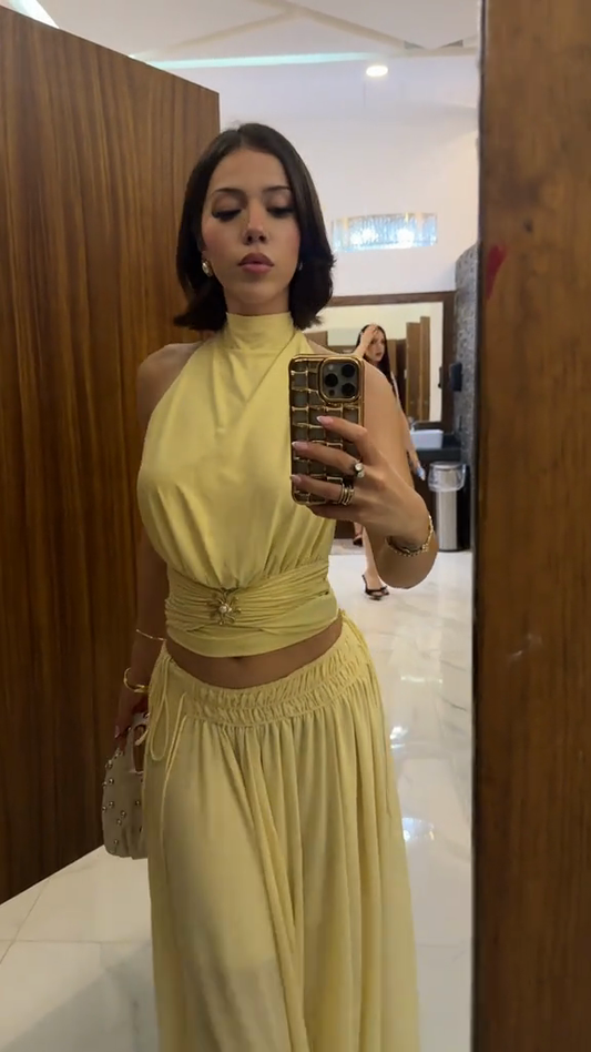Lemon Yellow Halter Crop Top & Maxi Skirt Set