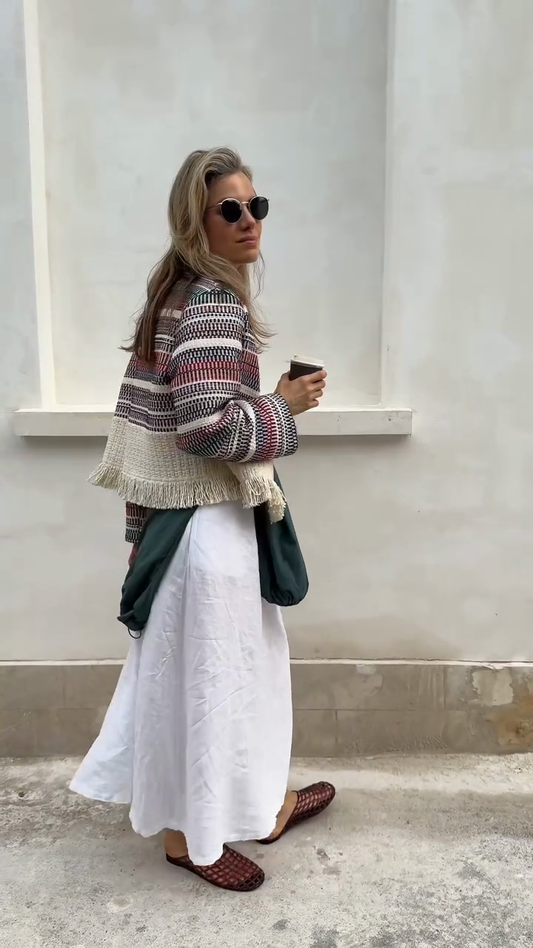 Colorful Striped Tweed Jacket with Fringe Detail