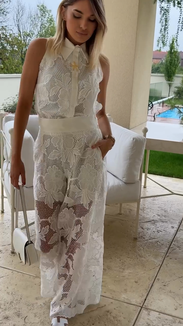 White Lace Halter Top and Wide - leg Pants Set