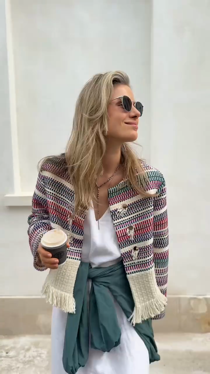 Colorful Striped Tweed Jacket with Fringe Detail