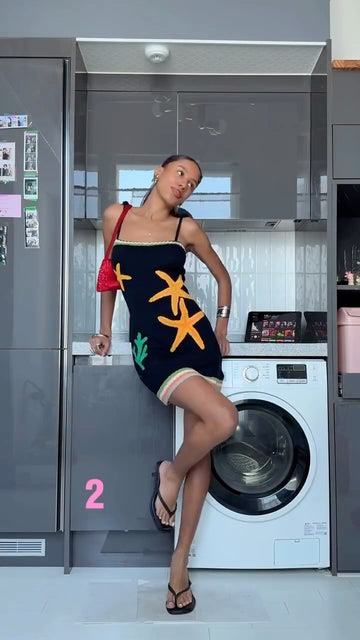 Black Knit Dress with Starfish & Coral Embroidery