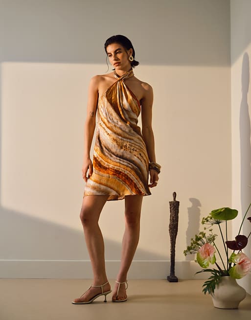 Halter Neck Abstract - Print Mini Dress