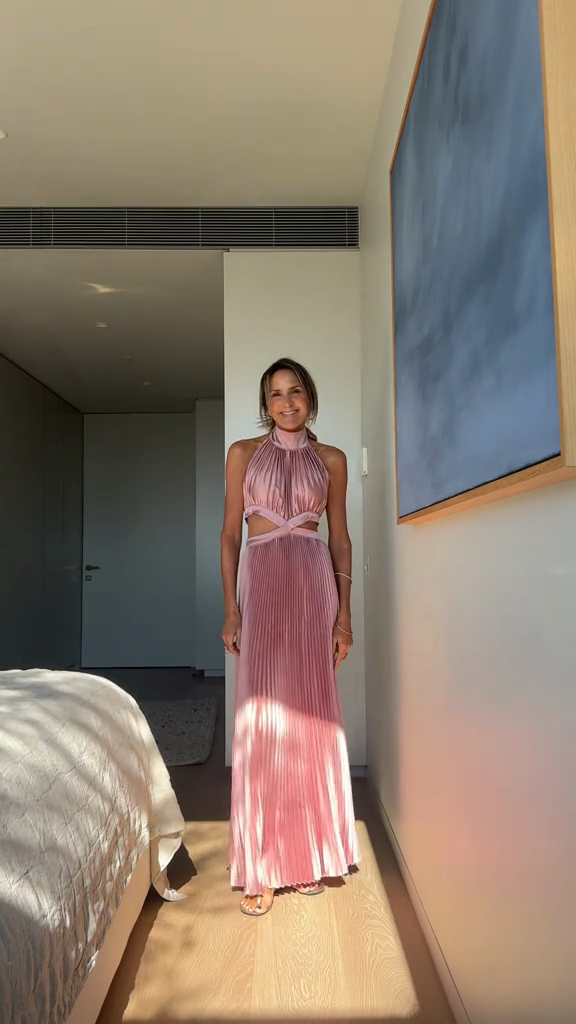 Pink Pleated Halter Maxi Dress