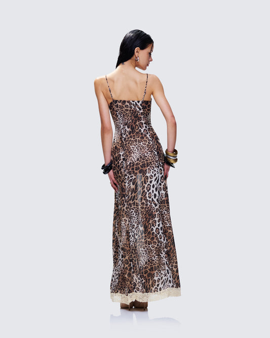 Leopard Print Lace - Trimmed Maxi Dress