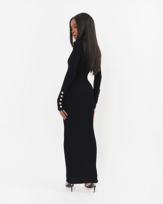 Black Ribbed Maxi Dress with Crystal Buttons