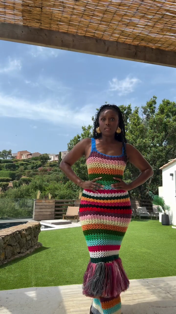 Colorful Striped Crochet Mermaid Dress with Fringe