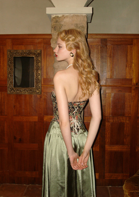 Floral - Embroidered Corset & Sage Green Midi Skirt Set