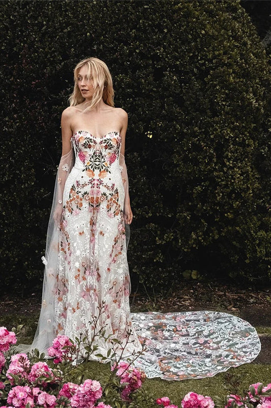 Floral Embroidered Strapless Tulle Gown