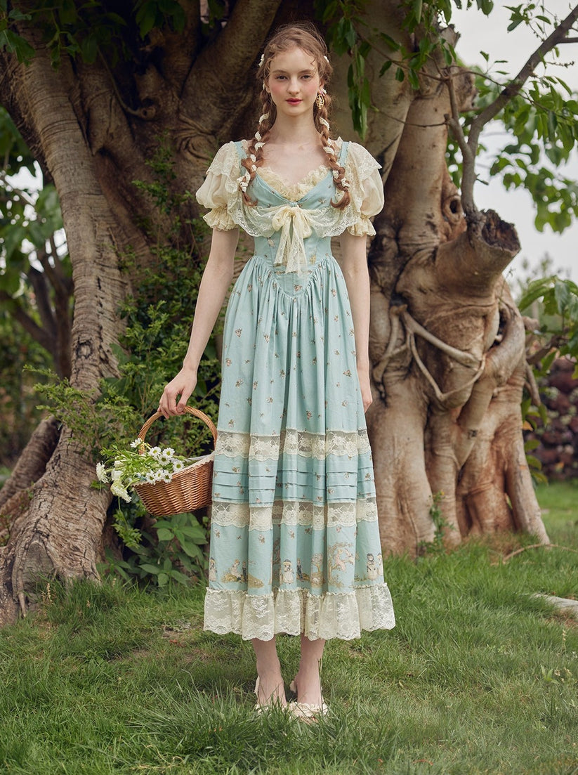 Light Blue Floral Print Lace - Trimmed Maxi Dress