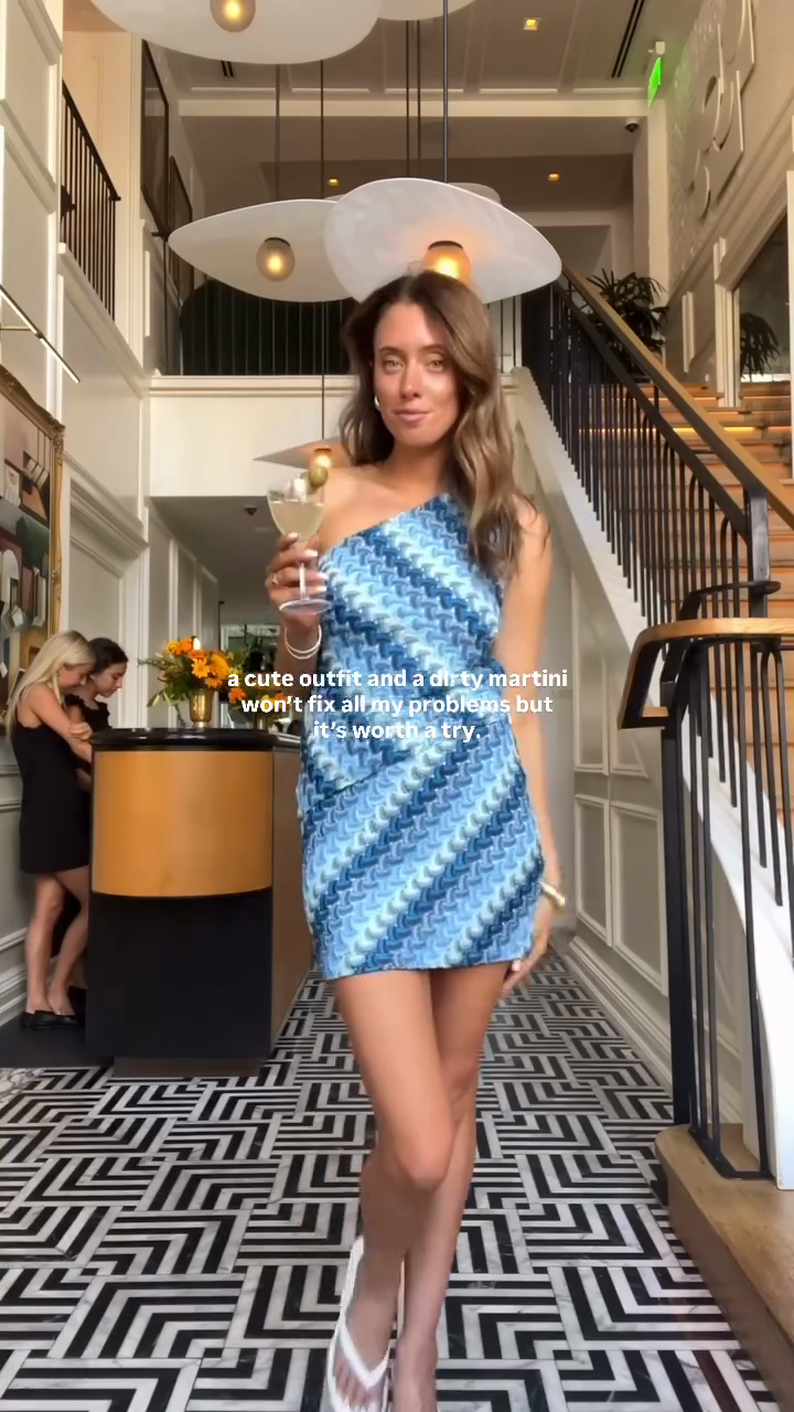 Blue Textured One Shoulder Top and Skirt Set