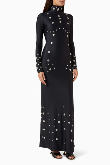 Black Stud - Embellished Long - Sleeve Maxi Dress